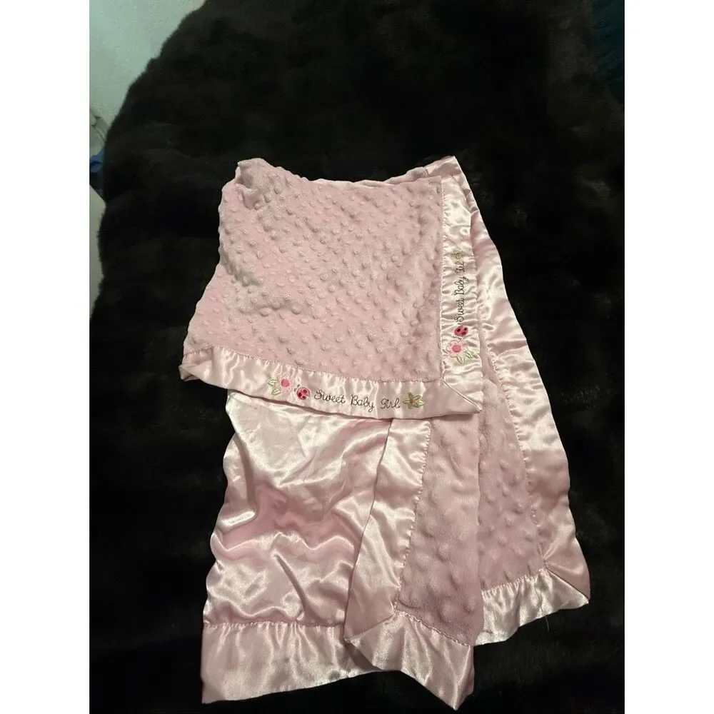 Sweet Baby Girl Baby Blanket Carters Just One Year Pink Minky Dot Satin Trim